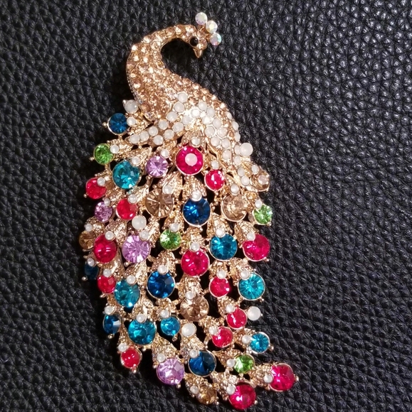 Jumbo Peacock Rainbow Crystals Brooch Pendant Purse Charm Key ring *NWT - Picture 3 of 9